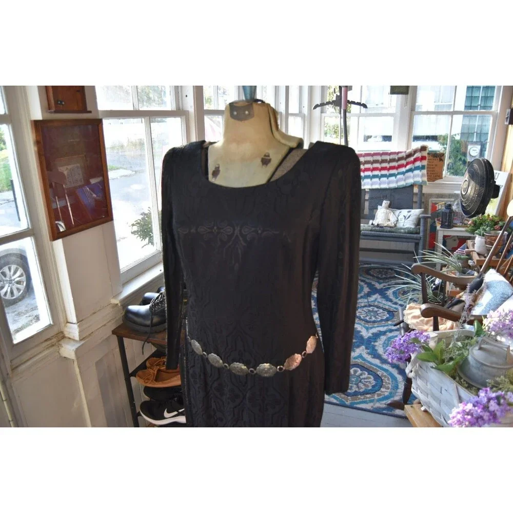 Vintage 1980s Santa Fe Dress Black Brocade Lined W Silver Tone Belt Size Medium
